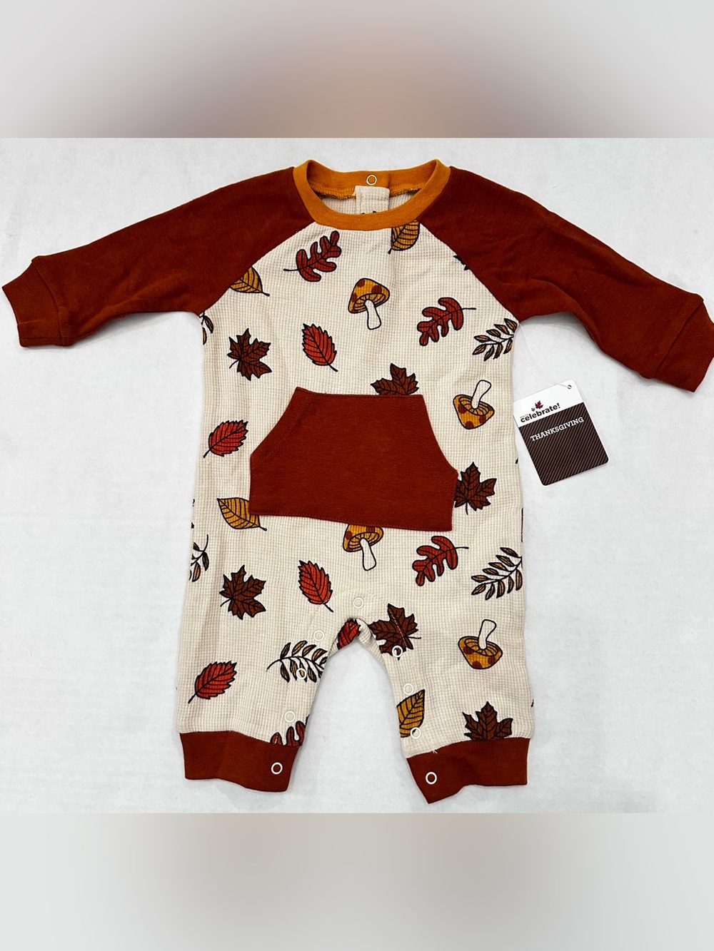 Baby Thanksgiving Fall Leaf Mushroom Long Sleeve Romper Size 0/3 Months
